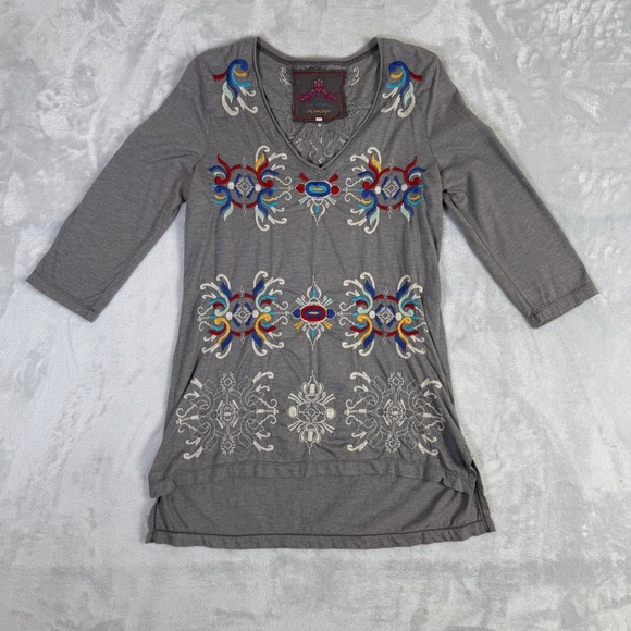 Johnny Was Tops - JW Los Angeles Tunic Top Women Medium Gray Embroidered V-Neck 3/4 Sleeve Boho